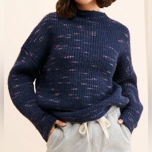 Varley Albion Knit Cropped Mock Neck Sweater Medium Blue Wool Blend